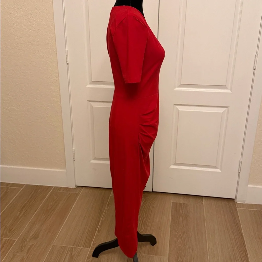 Fleur du Mal Red Deep Plunge Midi Dress with Side Ruching - Picture 9 of 13